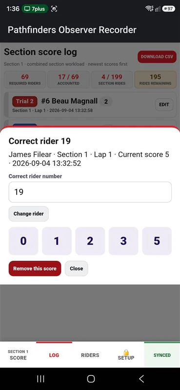 Pathfinders Observer Recorder score correction screen showing rider and score correction controls
