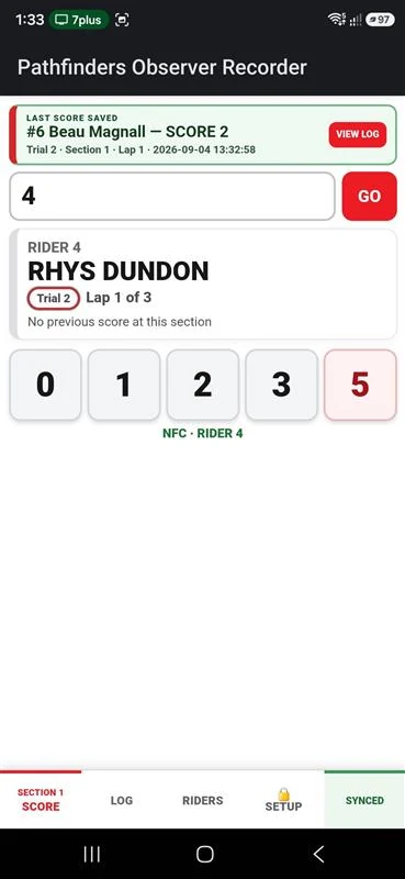 Pathfinders Observer Recorder showing rider details after NFC rider identification
