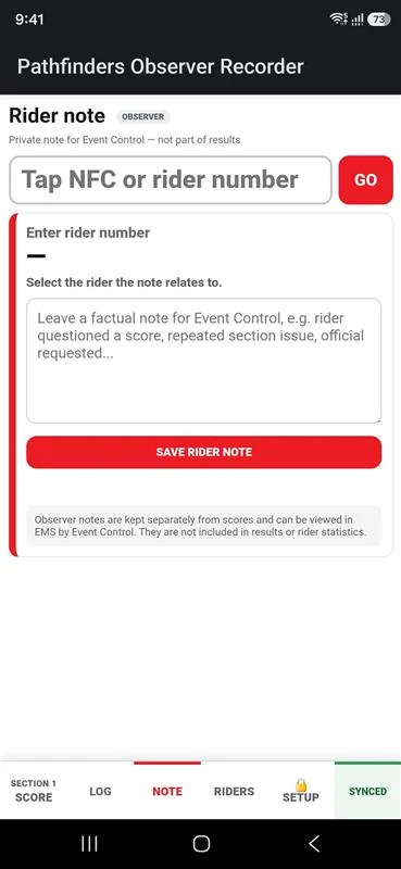 Pathfinders Observer Recorder private Rider Note screen for sending a factual note to Event Control