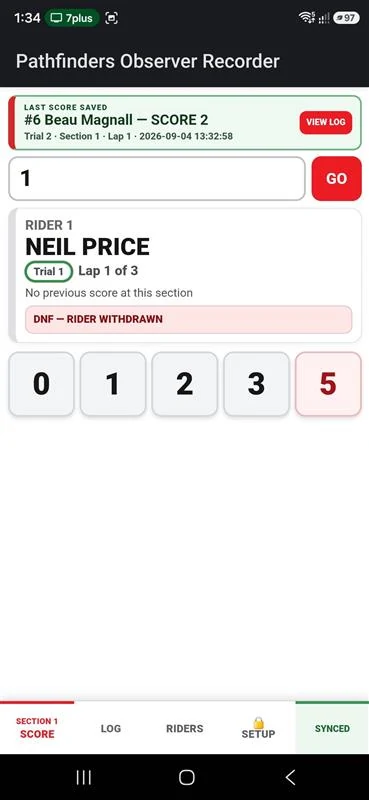 Pathfinders Observer Recorder showing rider details, class, lap and a DNF rider status update