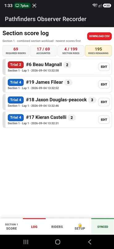 Pathfinders Observer Recorder section score log showing riders accounted for and rides remaining