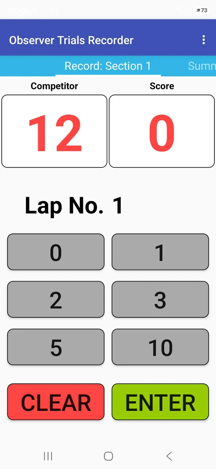 Observer Trials Recorder showing competitor 12, lap 1 and the score buttons