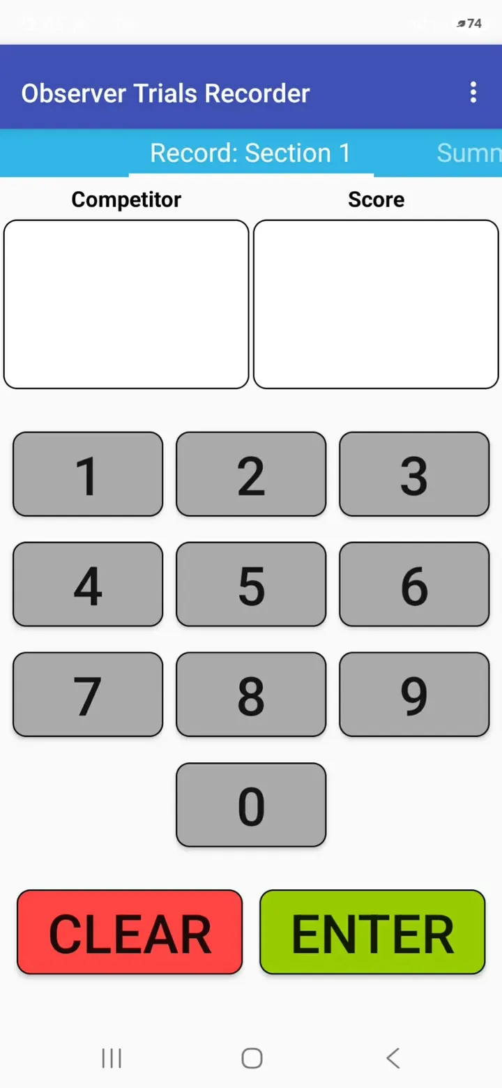 Observer Trials Recorder ready for a competitor number to be entered